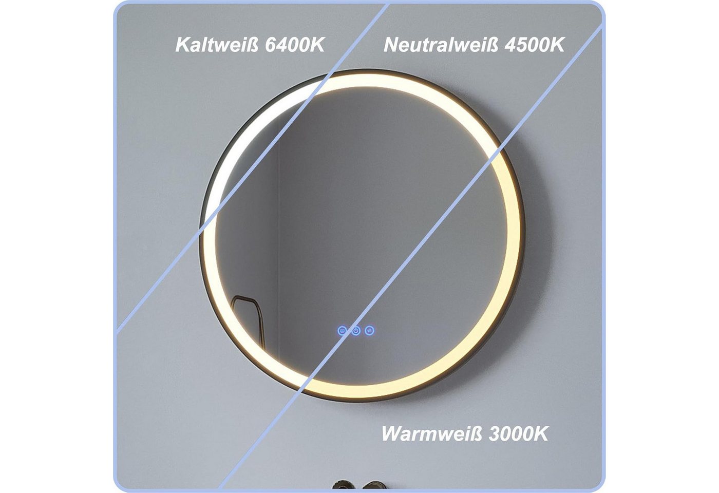 AQUALAVOS Badspiegel Badspiegel mit Beleuchtung Rund 80 cm Schwarz Rahmen LED Wandspiegel, Beschlagfrei, 3 Lichtfarben, Dimmbar, Touch Schalter für Wandschalter
