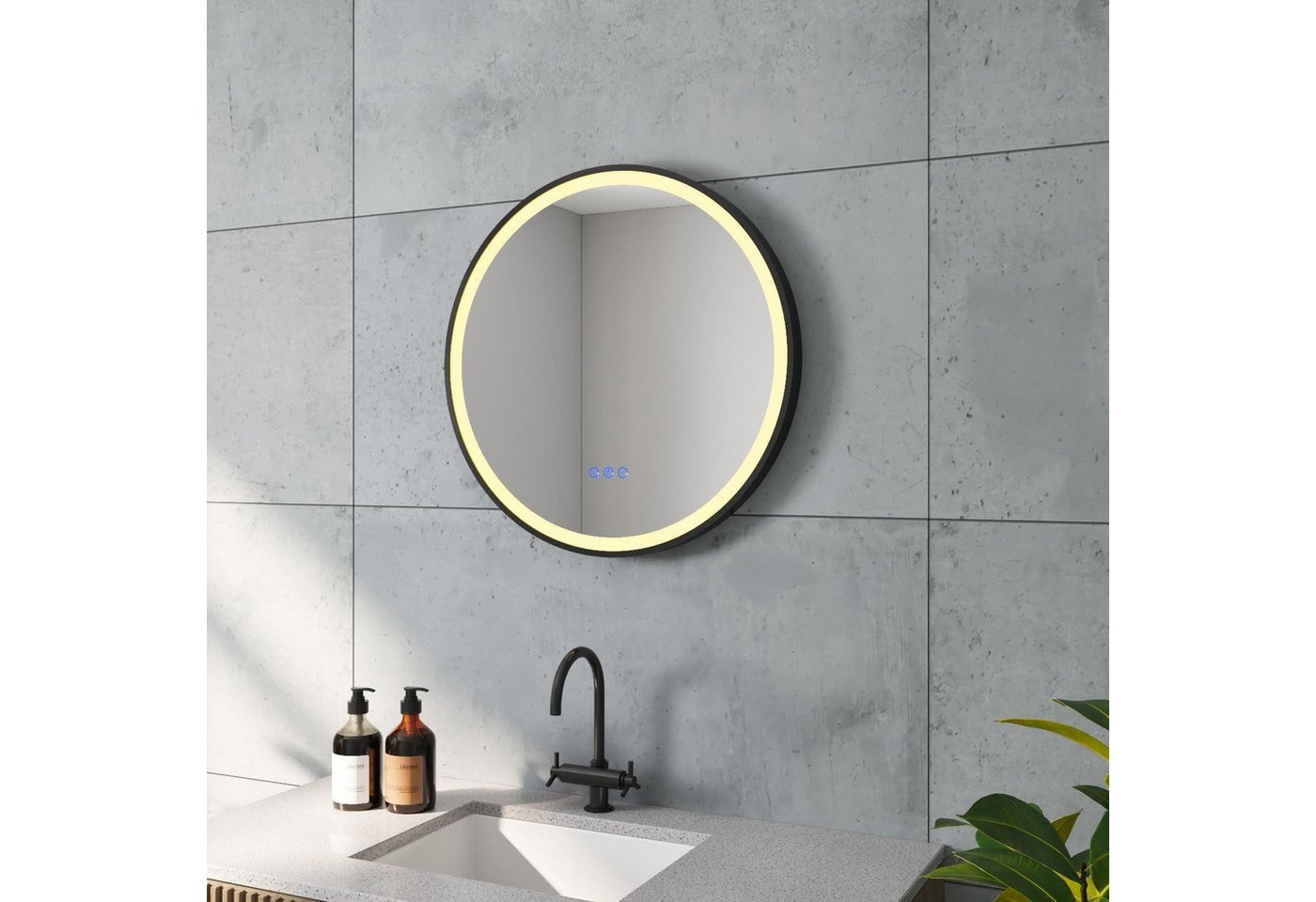 AQUALAVOS Badspiegel Badspiegel mit Beleuchtung Rund 80 cm Schwarz Rahmen LED Wandspiegel, Beschlagfrei, 3 Lichtfarben, Dimmbar, Touch Schalter für Wandschalter Bild 4
