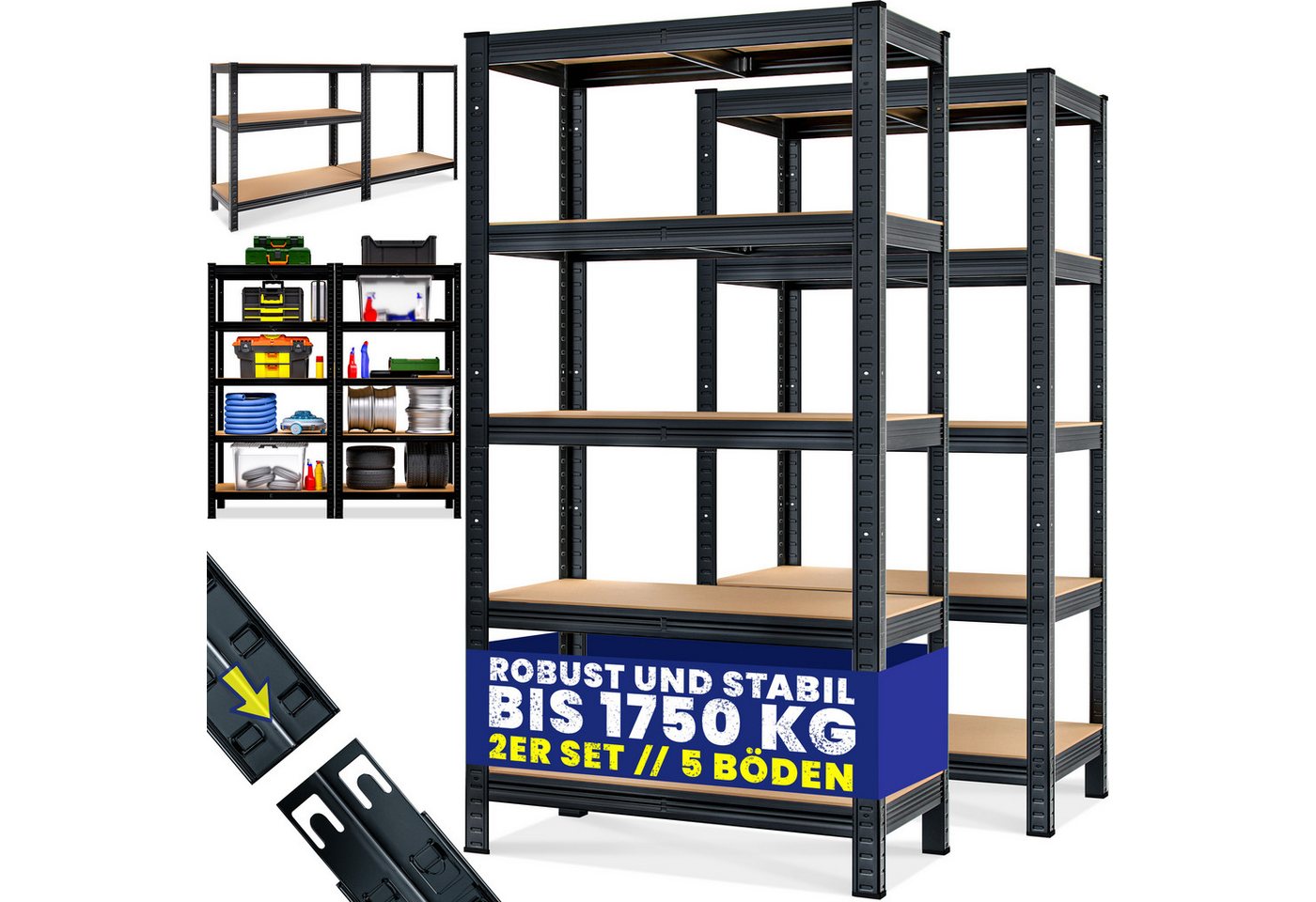 monzana Schwerlastregal, 2x 180x90x40cm Befestigungsmaterial 1750kg 10 MDF-Platten Kellerregal
