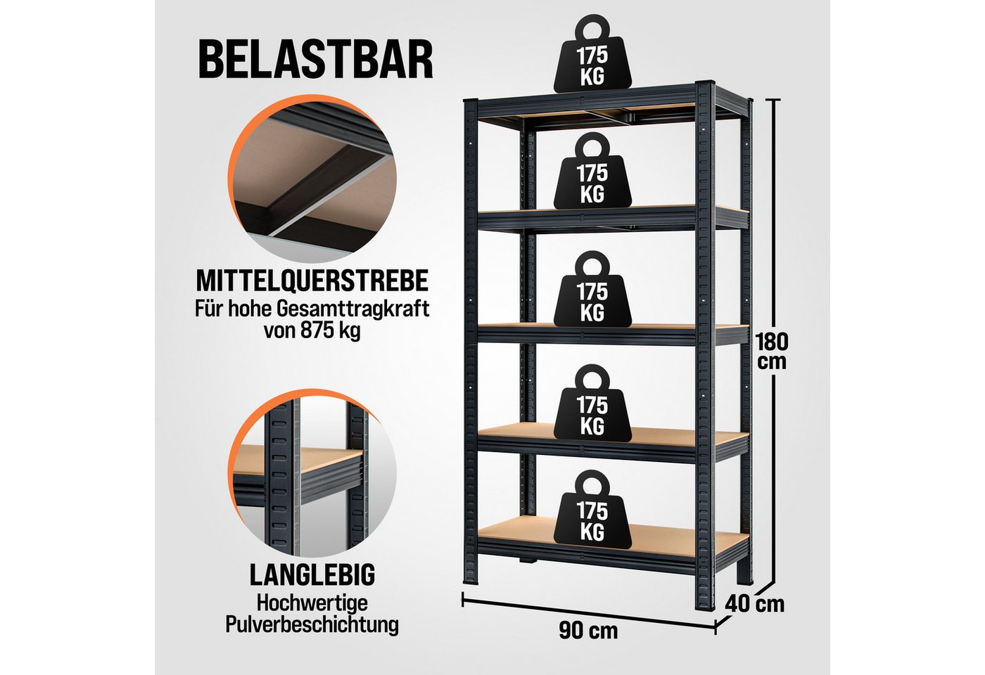 monzana Schwerlastregal, 2x 180x90x40cm Befestigungsmaterial 1750kg 10 MDF-Platten Kellerregal Bild 2