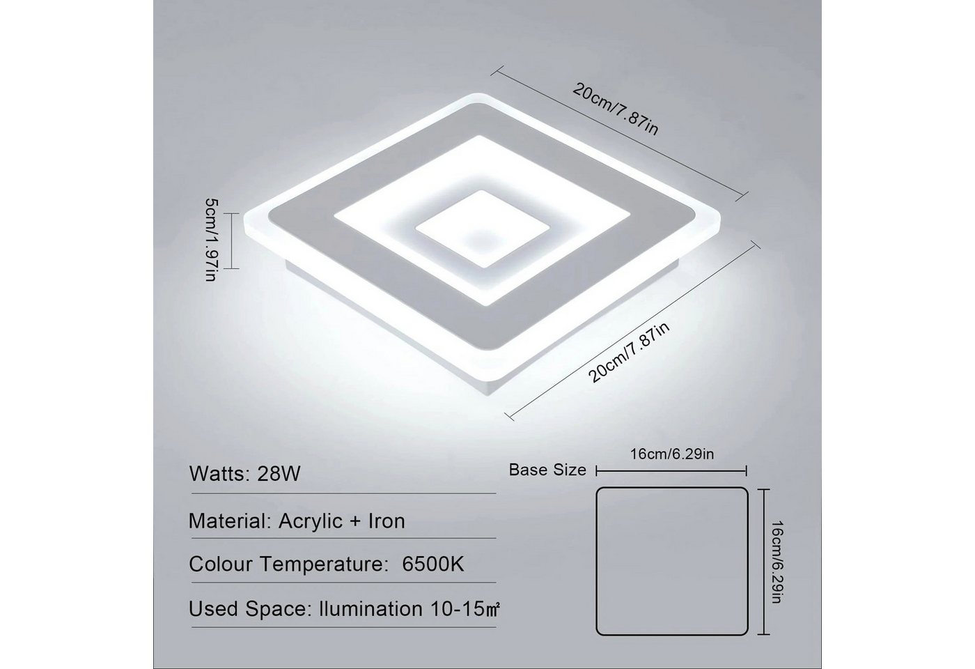 Riserva Deckenleuchten Ultradünne Quadratische LED Deckenleuchte Weiß 20cm 28W 6500K, LED wechselbar Bild 4