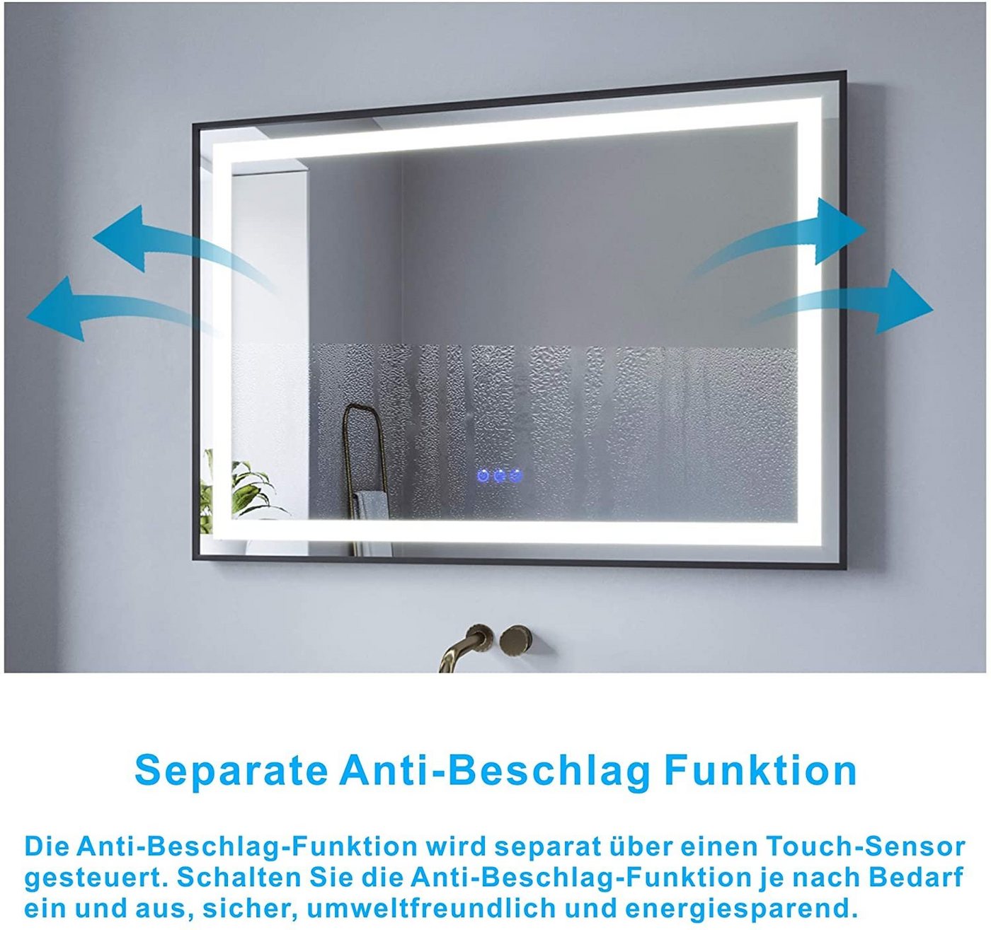 AQUABATOS Badspiegel Bad Spiegel LED Badezimmerspiegel mit Beleuchtung (Lichtspiegel Kosmetikspiegel Schminkspiegel Rasierspiegel Anti-Beschlag Memory-Funktion Rahmen Schwarz IP 44 Energiesparend), 100x70cm Touch-Schalter Dimmbar Kaltweiß Neutralweiß Warmweiß Bild 2