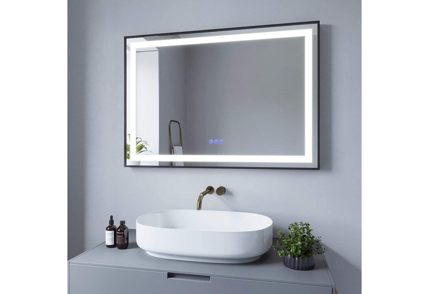 AQUABATOS Badspiegel Bad Spiegel LED Badezimmerspiegel mit Beleuchtung (Lichtspiegel Kosmetikspiegel Schminkspiegel Rasierspiegel Anti-Beschlag Memory-Funktion Rahmen Schwarz IP 44 Energiesparend), 100x70cm Touch-Schalter Dimmbar Kaltweiß Neutralweiß Warmweiß Bild 3