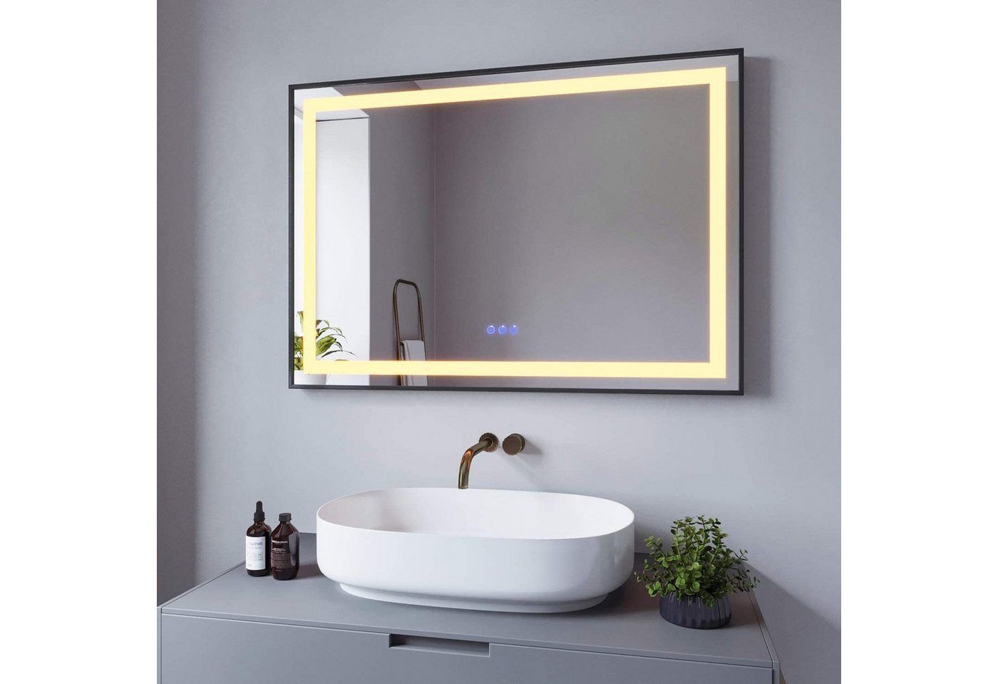 AQUABATOS Badspiegel Bad Spiegel LED Badezimmerspiegel mit Beleuchtung (Lichtspiegel Kosmetikspiegel Schminkspiegel Rasierspiegel Anti-Beschlag Memory-Funktion Rahmen Schwarz IP 44 Energiesparend), 100x70cm Touch-Schalter Dimmbar Kaltweiß Neutralweiß Warmweiß Bild 5