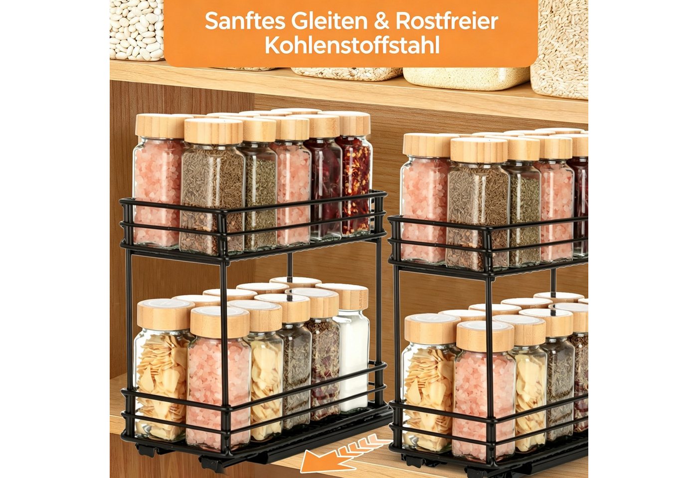 BlingBin Küchenregal Gewürzregal Ausziehbar, Küchen Organizer für Schrank und Arbeitsplatte, 1er Set 1-tlg., Aufbewahrungsregal 2 Etagen Gewürzregale für Küche Öl Zutaten Gläser Bild 2