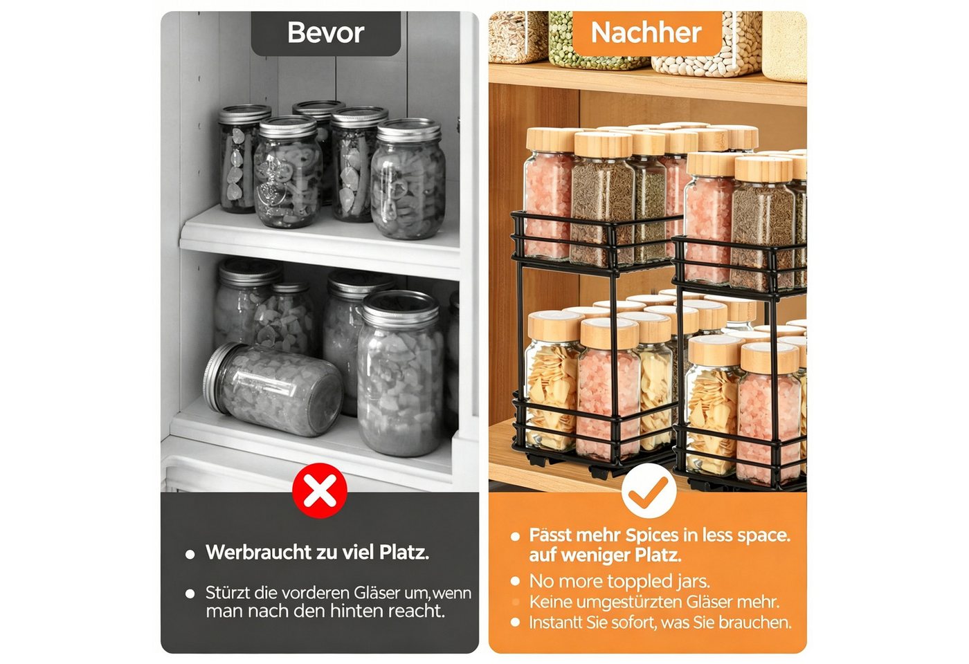 BlingBin Küchenregal Gewürzregal Ausziehbar, Küchen Organizer für Schrank und Arbeitsplatte, 1er Set 1-tlg., Aufbewahrungsregal 2 Etagen Gewürzregale für Küche Öl Zutaten Gläser Bild 4