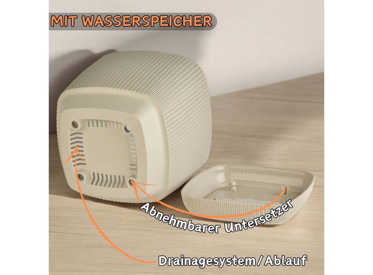 Engelland Blumentopf Pflanztopf mit Drainagesystem & Untersetzer (15 x 15 cm, 2 Liter, 1 St., robuster PP-Kunststoff), eckig, Rillenoptik, UV-resistent, direkte Bepflanzung Bild 2