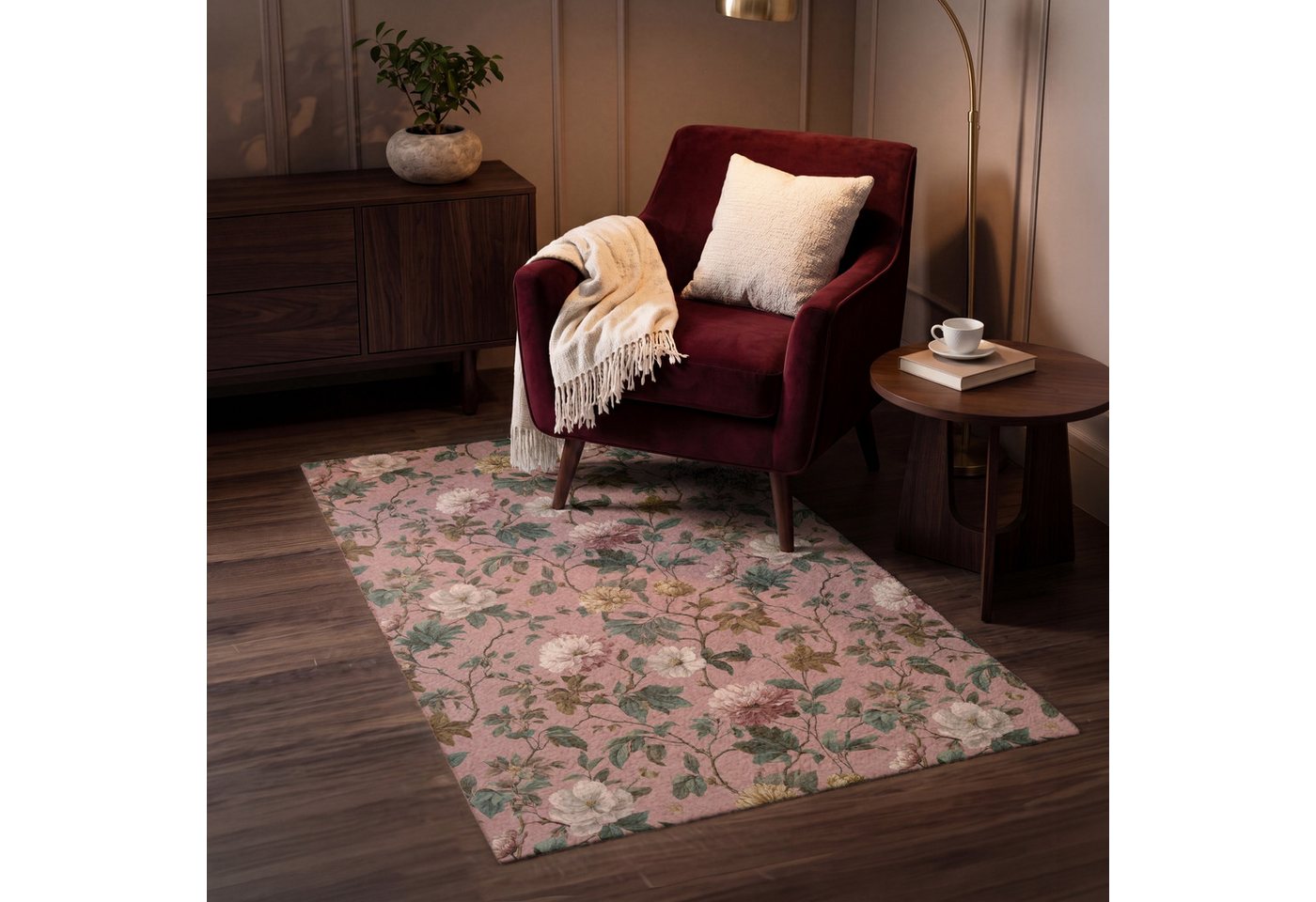 OnlyWow Teppich Blumen - Klassisch - Rosa, Rechteckig, Schlafzimmer, Vorleger, Kurzflor, Carpet 80x120 cm