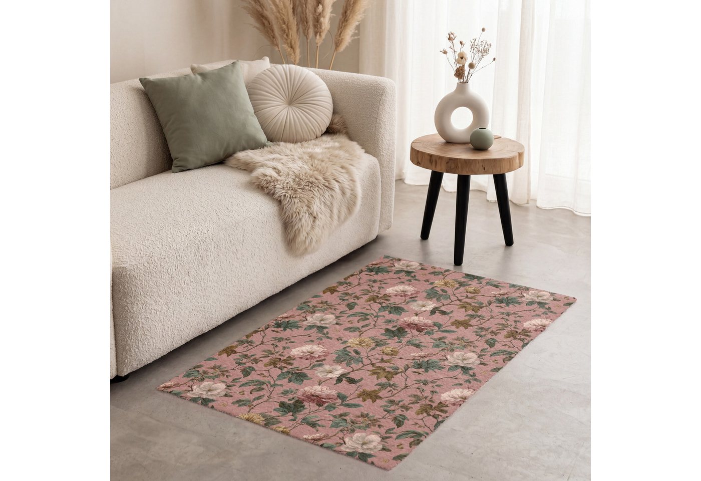 OnlyWow Teppich Blumen - Klassisch - Rosa, Rechteckig, Schlafzimmer, Vorleger, Kurzflor, Carpet 80x120 cm Bild 3