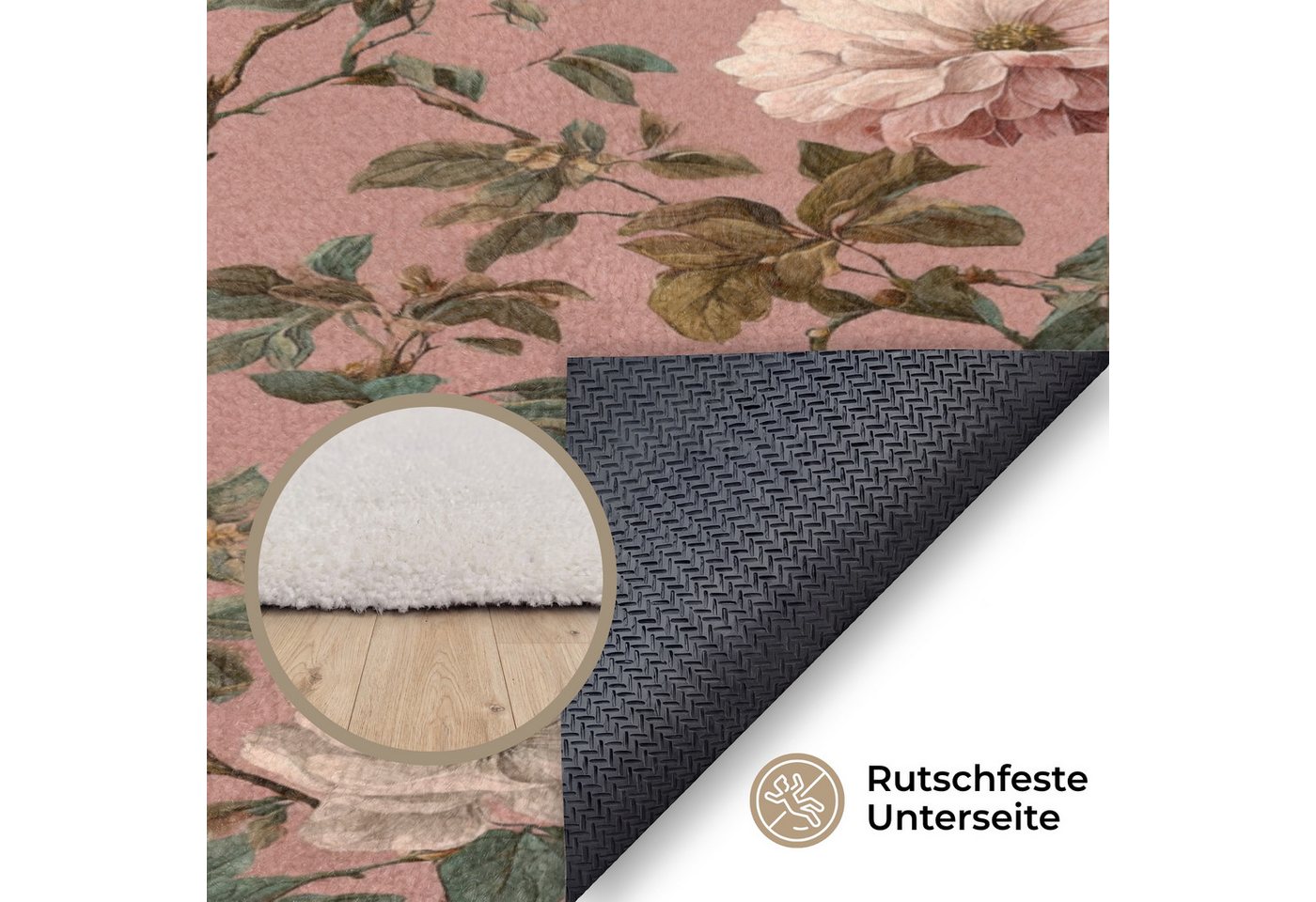 OnlyWow Teppich Blumen - Klassisch - Rosa, Rechteckig, Schlafzimmer, Vorleger, Kurzflor, Carpet 80x120 cm Bild 4