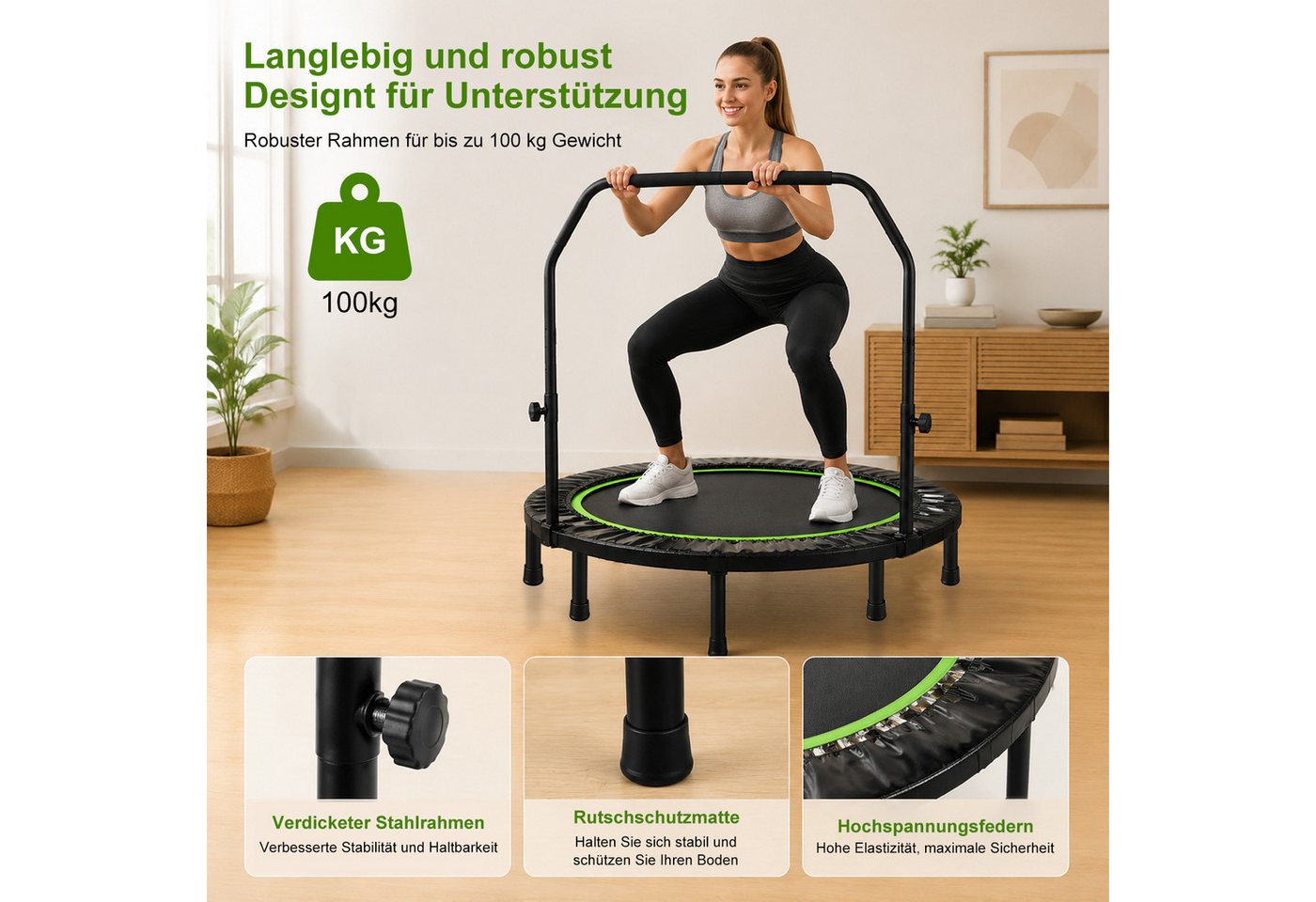 FOXSPORT Fitnesstrampolin Faltbar mit 3-stufig Höhenverstellbarer Haltestange, Ø 120 cm, Inclusief Beschermrand & Anti-Slip Grijpstang, Max. 100 kg