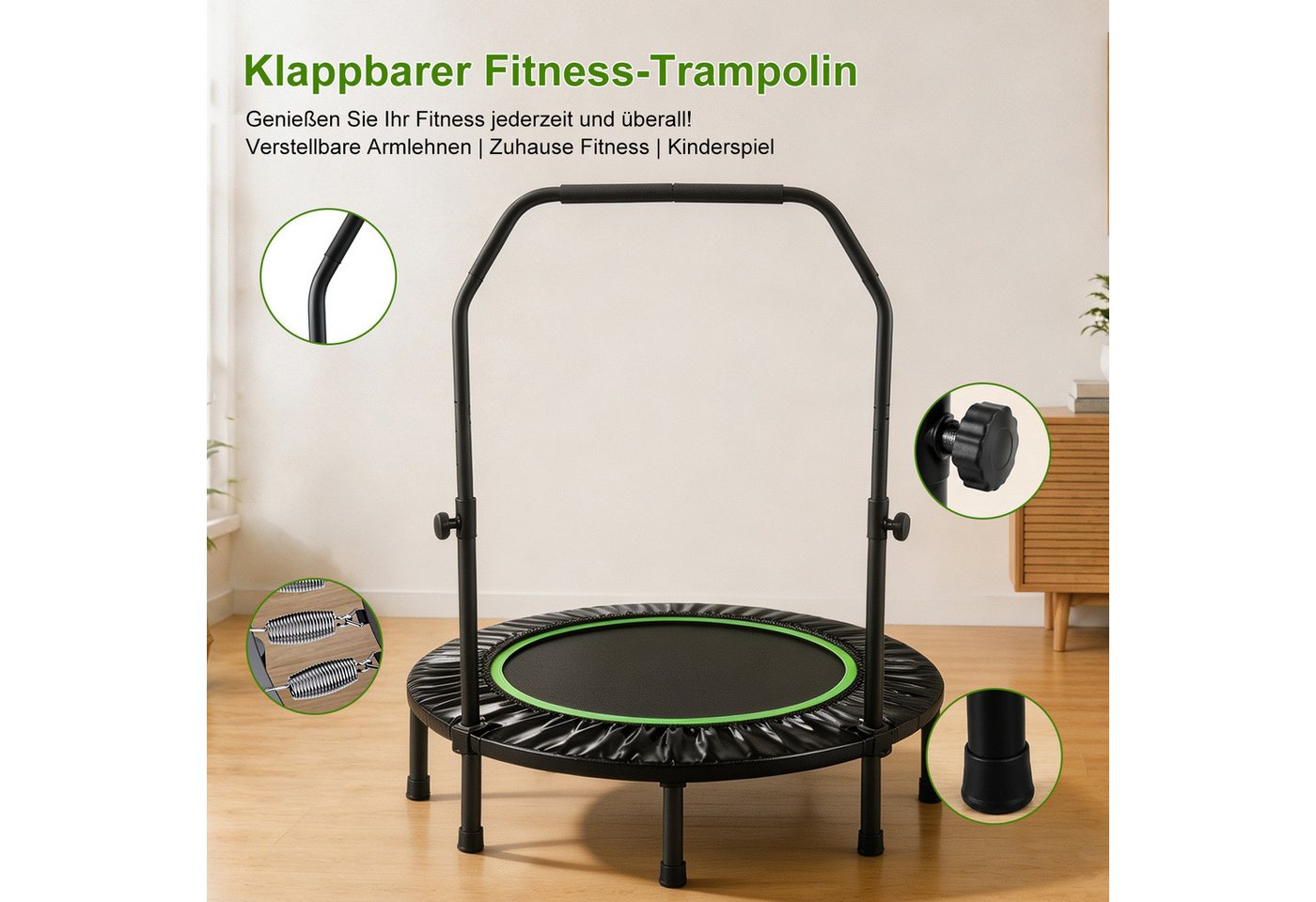 FOXSPORT Fitnesstrampolin Faltbar mit 3-stufig Höhenverstellbarer Haltestange, Ø 120 cm, Inclusief Beschermrand & Anti-Slip Grijpstang, Max. 100 kg Bild 2