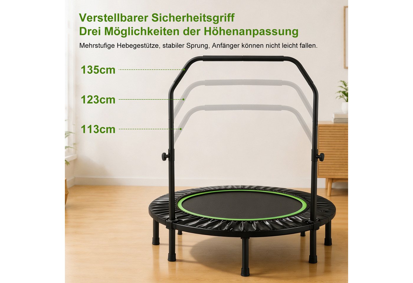 FOXSPORT Fitnesstrampolin Faltbar mit 3-stufig Höhenverstellbarer Haltestange, Ø 120 cm, Inclusief Beschermrand & Anti-Slip Grijpstang, Max. 100 kg Bild 3
