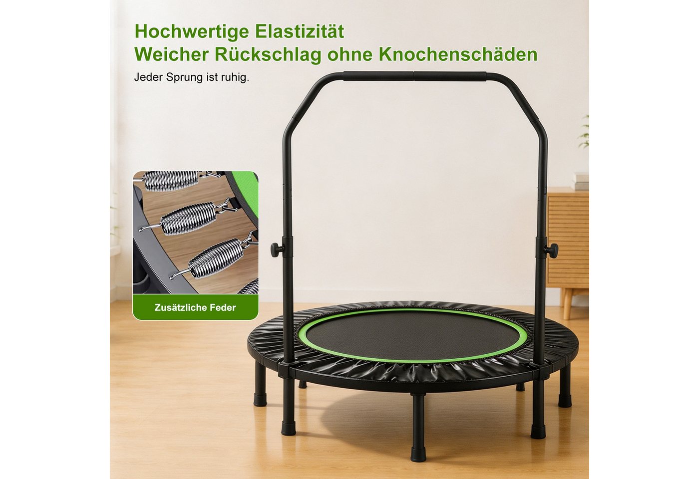 FOXSPORT Fitnesstrampolin Faltbar mit 3-stufig Höhenverstellbarer Haltestange, Ø 120 cm, Inclusief Beschermrand & Anti-Slip Grijpstang, Max. 100 kg Bild 4