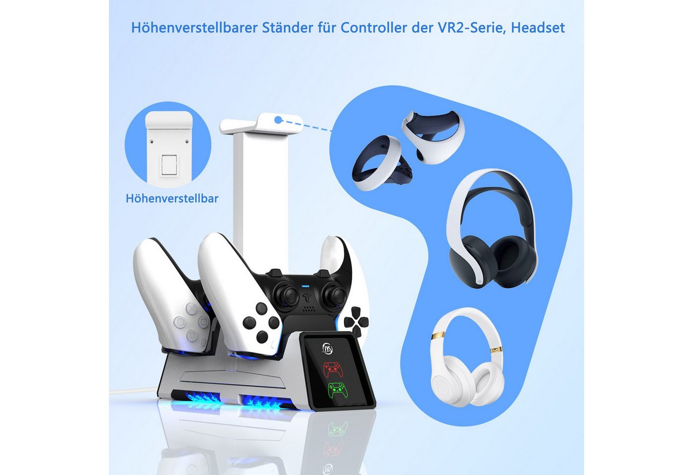 KINSI PS5 multifunktionale Gamepad-Ladestation,für PS VR2 Controller Controller-Ladestation (Mit 3 Magnetköpfen, ausgestattet mit 1 Stück 1.2M Type-C Ladekabel, Magnetisches Laden,Kann 2 PS5-Gamepads aufladen) Bild 4