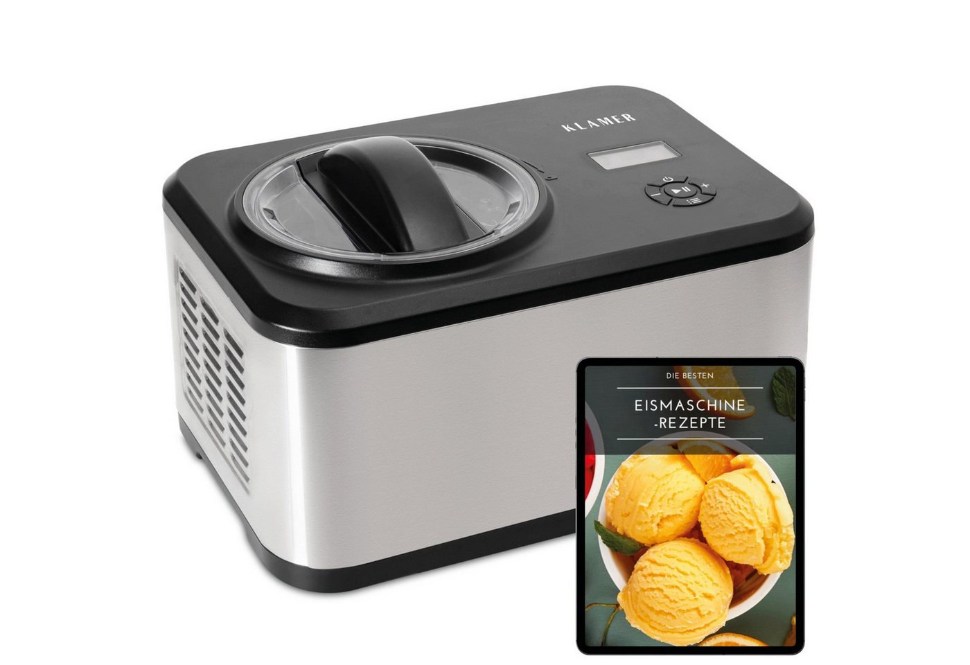 KLAMER Eismaschine mit Kompressor 1,5L 120W, Edelstahl, Speiseeis Maschine, Kühlfunktion, 1,5 l, 120 W, Raffiniertes Rührsystem, Nachfüllklappe, digitales Rezeptbuch