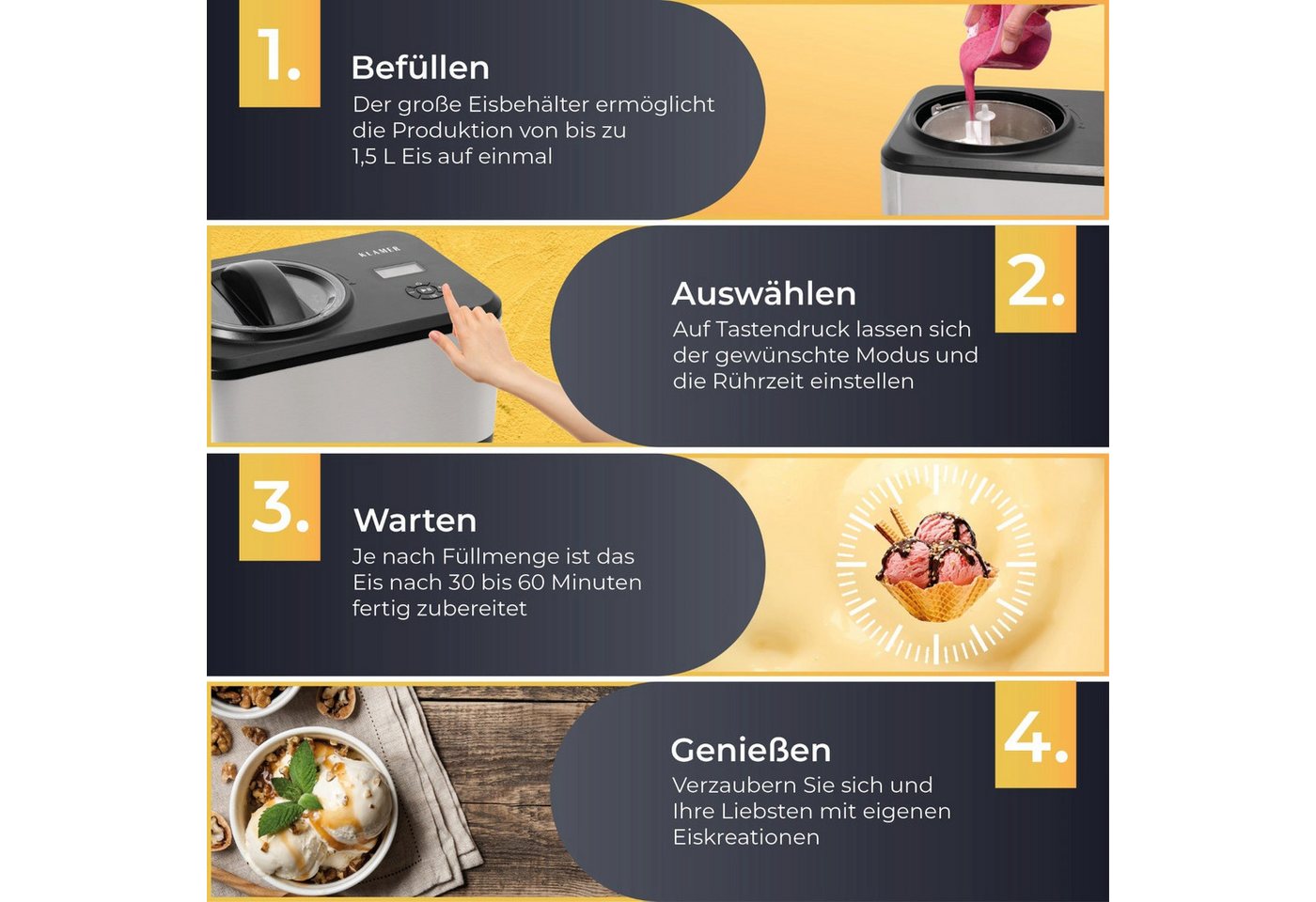 KLAMER Eismaschine mit Kompressor 1,5L 120W, Edelstahl, Speiseeis Maschine, Kühlfunktion, 1,5 l, 120 W, Raffiniertes Rührsystem, Nachfüllklappe, digitales Rezeptbuch Bild 2