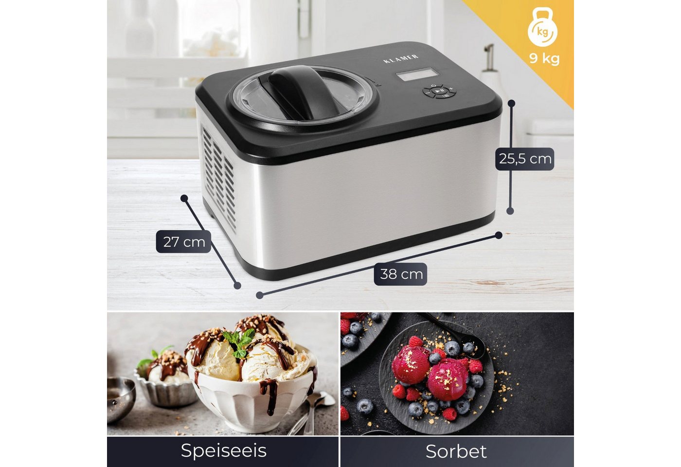 KLAMER Eismaschine mit Kompressor 1,5L 120W, Edelstahl, Speiseeis Maschine, Kühlfunktion, 1,5 l, 120 W, Raffiniertes Rührsystem, Nachfüllklappe, digitales Rezeptbuch Bild 3