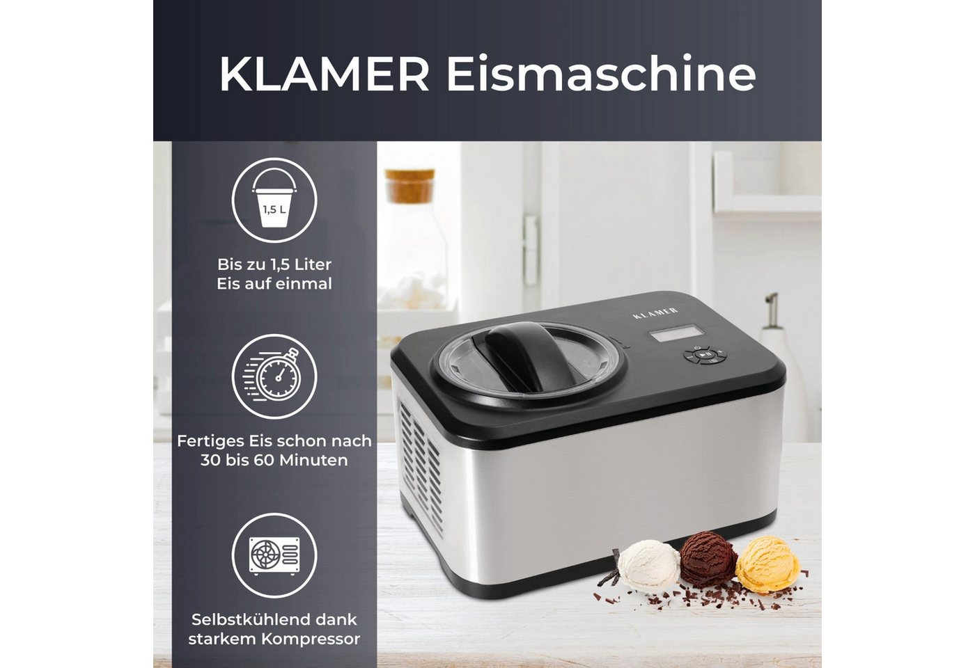 KLAMER Eismaschine mit Kompressor 1,5L 120W, Edelstahl, Speiseeis Maschine, Kühlfunktion, 1,5 l, 120 W, Raffiniertes Rührsystem, Nachfüllklappe, digitales Rezeptbuch Bild 4