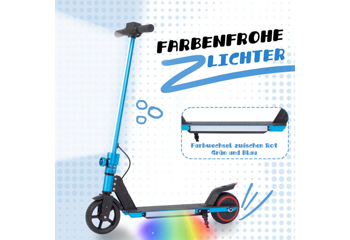 Vankel Cityroller 6,5'' Kinderscooter 6-12 J., faltbar, bis 8km, farbliche Lichtstreifen, 150 W, 14 km/h, (Escooter für Kinder, EBS-Bremse + Fußbremse, klappbar), LED Display, Elektroroller mit EBS-Bremse, max. Belastung 50kg Bild 4
