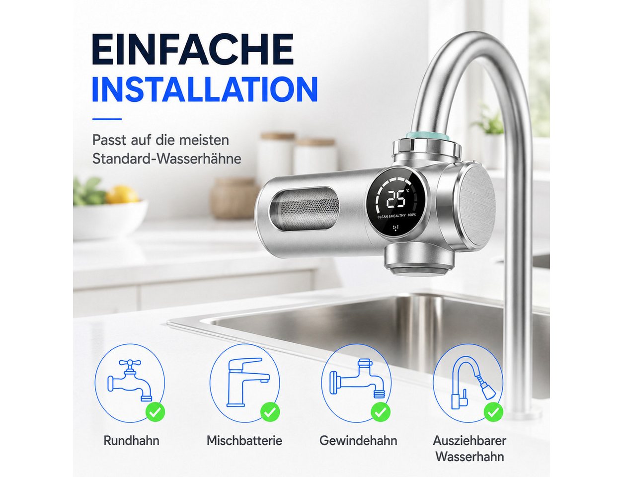 Luckice Wasserhahnfilter Wasserhahn Wasserfilter mit Blaulicht Heimküchen Wasserfilter, Zubehör für stromlos durch Wasserstrombetrieb, 2.0 Verbundfilter zur Entchlorung & Keimreduzierung