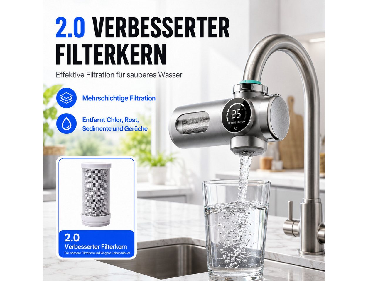 Luckice Wasserhahnfilter Wasserhahn Wasserfilter mit Blaulicht Heimküchen Wasserfilter, Zubehör für stromlos durch Wasserstrombetrieb, 2.0 Verbundfilter zur Entchlorung & Keimreduzierung Bild 2
