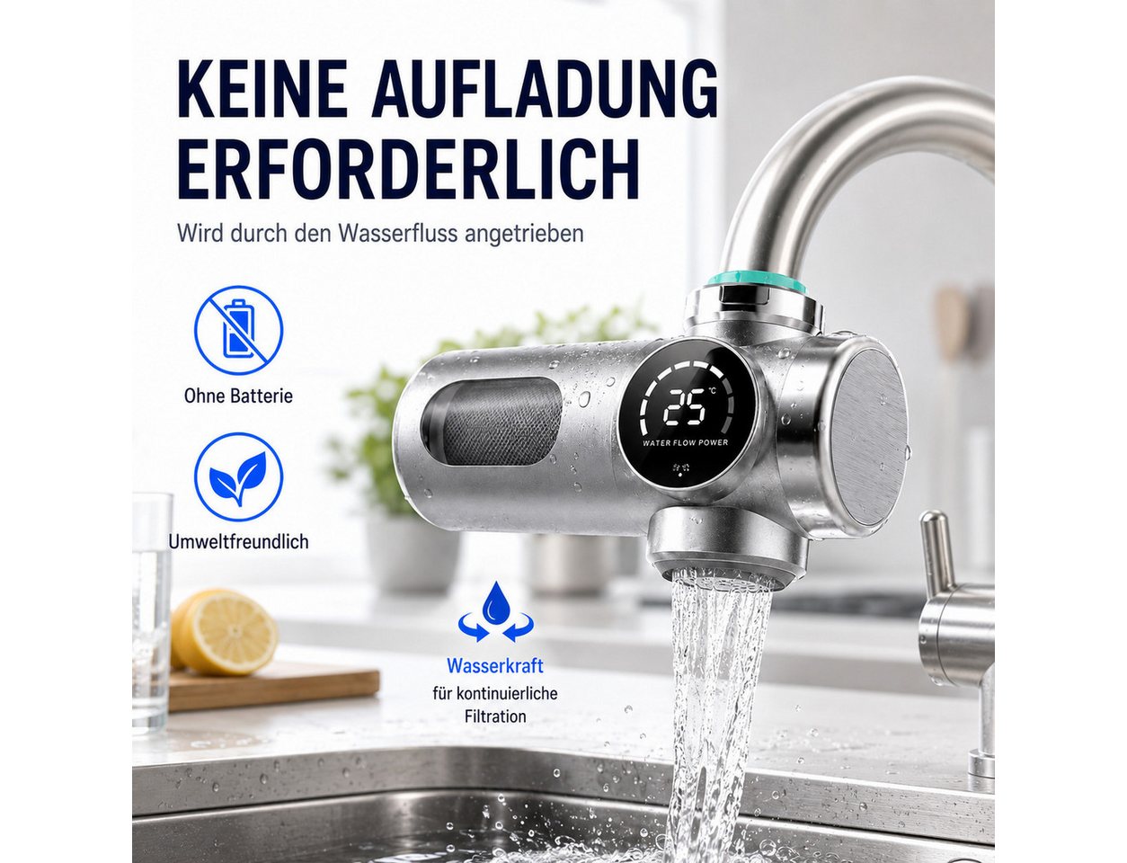 Luckice Wasserhahnfilter Wasserhahn Wasserfilter mit Blaulicht Heimküchen Wasserfilter, Zubehör für stromlos durch Wasserstrombetrieb, 2.0 Verbundfilter zur Entchlorung & Keimreduzierung Bild 4