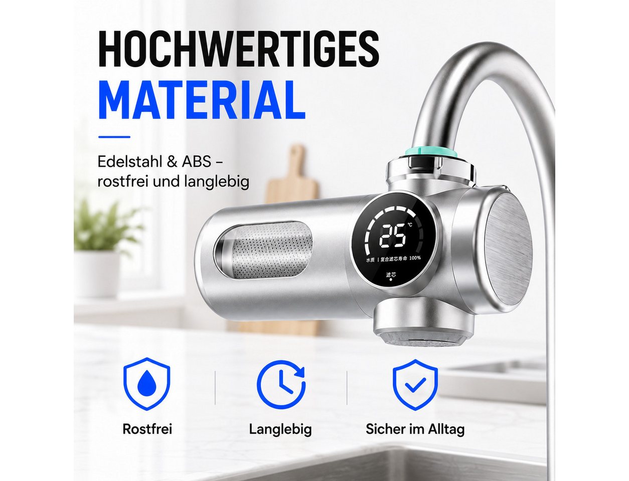 Luckice Wasserhahnfilter Wasserhahn Wasserfilter mit Blaulicht Heimküchen Wasserfilter, Zubehör für stromlos durch Wasserstrombetrieb, 2.0 Verbundfilter zur Entchlorung & Keimreduzierung Bild 5