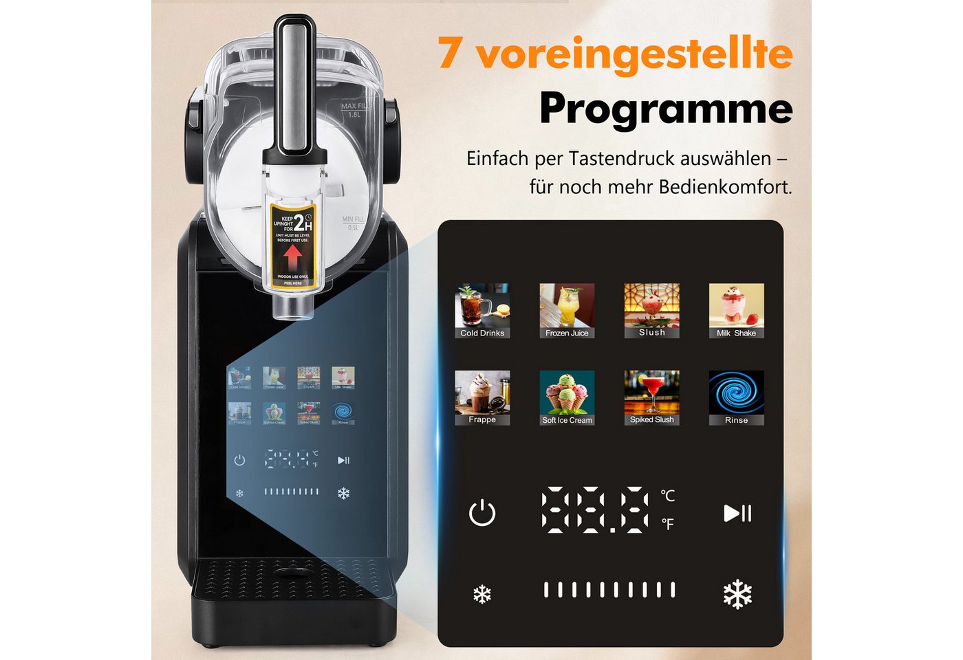 WHEELYOU Slush-Eismaschine Slush Maker 8-in-1, Selbstreinigung, ohne Eiswürfel, Touch-Bedienfeld, 1,8 l, 200 W, Kompressorkühlung, Ca. 15–60 Min. Zubereitung, 10 Konsistenzstufen Bild 2