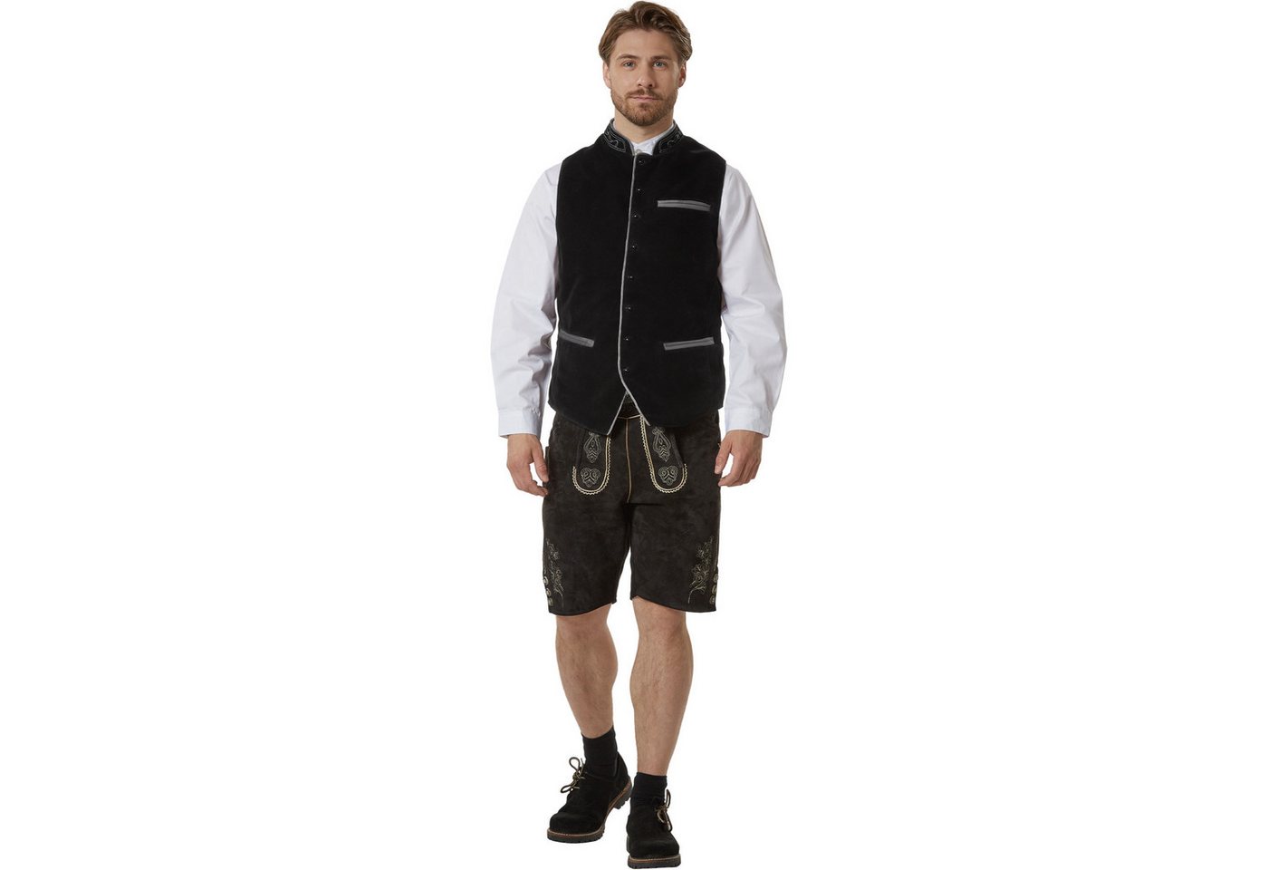 dressforfun Anzugweste Trachtenweste, vielseitig mit Lederhose, Hemd oder Jeans (Alpenweste Noah, Konfektionsgröße 56 in schwarz) Pflegeleichter Samtstoff, Stehkragen mit Karomuster, Kunststoffknöpfe Bild 3