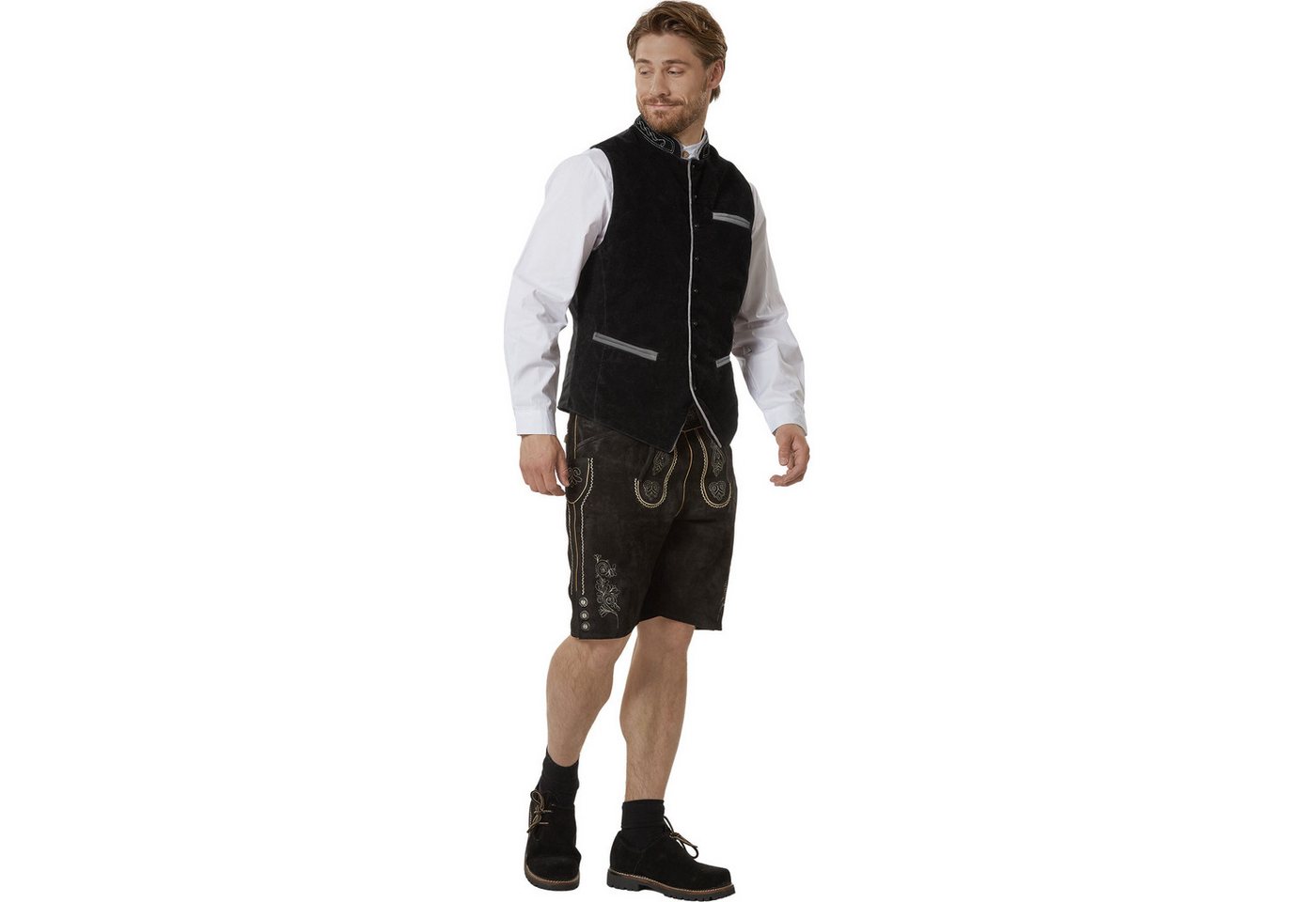 dressforfun Anzugweste Trachtenweste, vielseitig mit Lederhose, Hemd oder Jeans (Alpenweste Noah, Konfektionsgröße 56 in schwarz) Pflegeleichter Samtstoff, Stehkragen mit Karomuster, Kunststoffknöpfe Bild 4