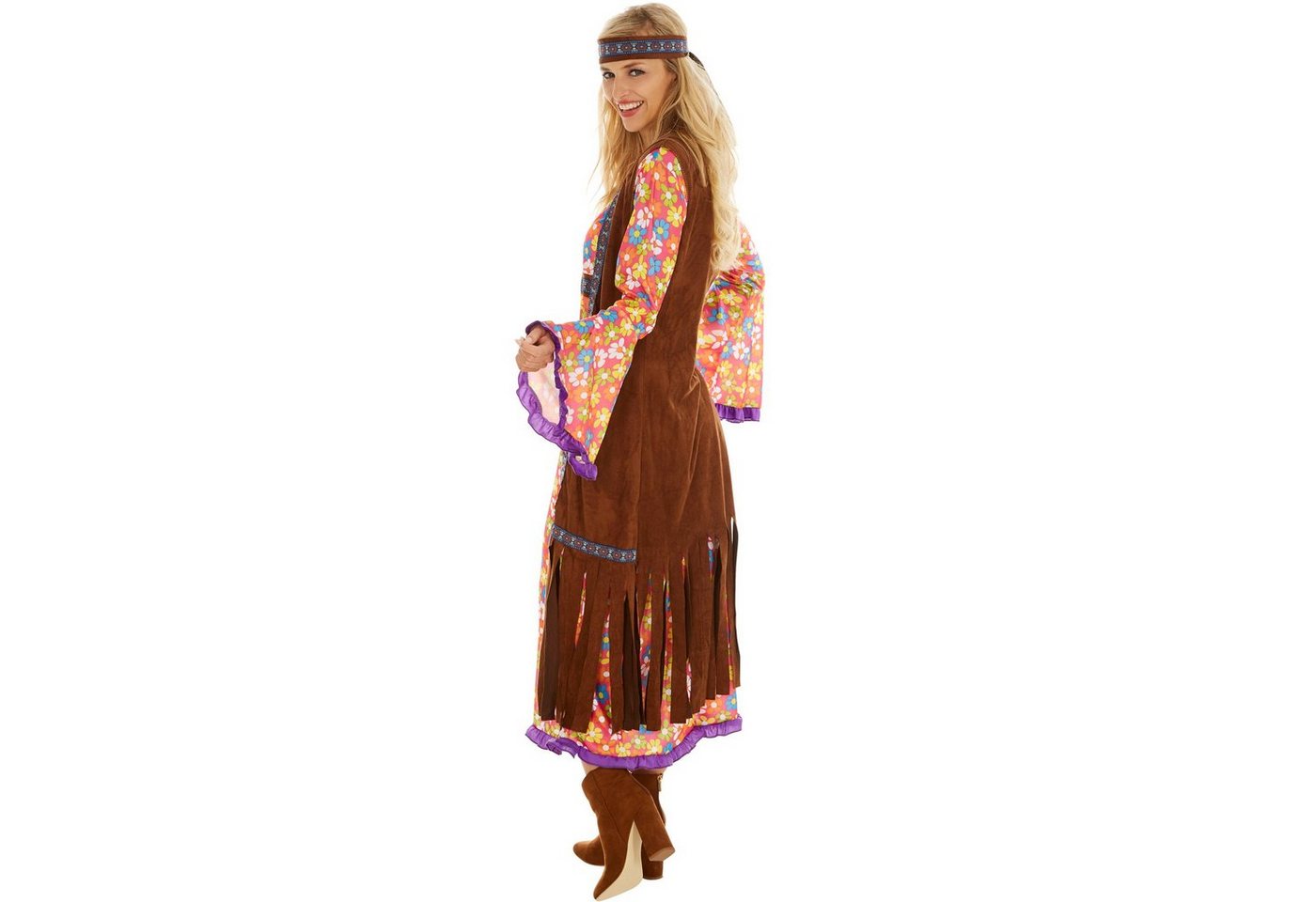 dressforfun Hippie-Kostüm Blumenkind/Friedensfreund, in der Farbe bunt, Gr. L, Inkl. Haarband, Blumenmuster im Retrolook der 70er, Weste aus Velourslederimitat Bild 3
