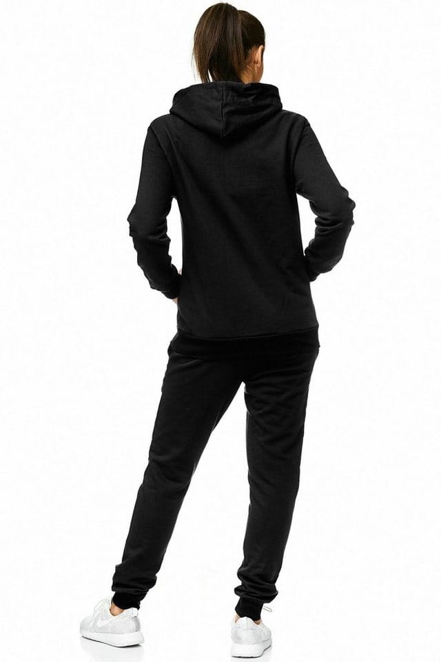 L.gonline Freizeitanzug Damen Jogginganzug einfarbig 100% Baumwolle 586 Schwarz XXL (Kapuzenjacke mit Reißverschluss, Hose, 2-tlg), Fitness Freizeit Casual