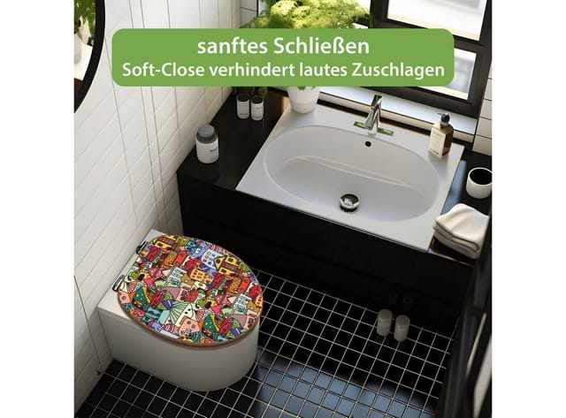 Banjado Design WC Sitz Bambus Holz Toilettendeckel Mit Absenkautomatik Klodeckel WC-Sitz Soft Close Mit Motiv Funky Town