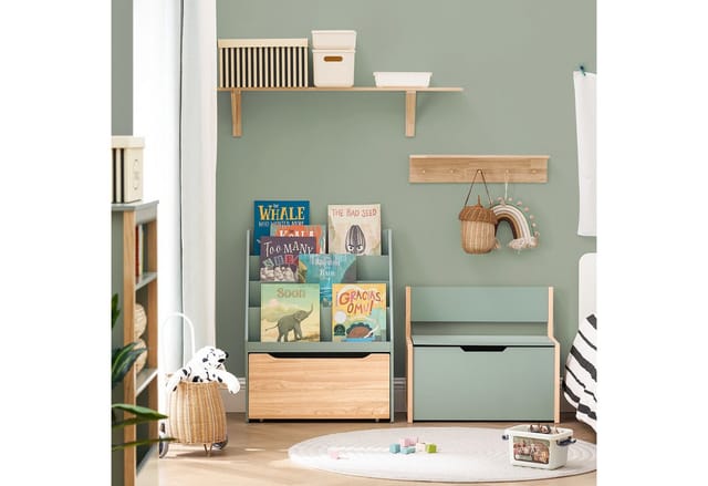SoBuy Kinder Bücherregal Kinderregal mit 3 Ablagen Spielzeugtruhe Grün KMB95-GR