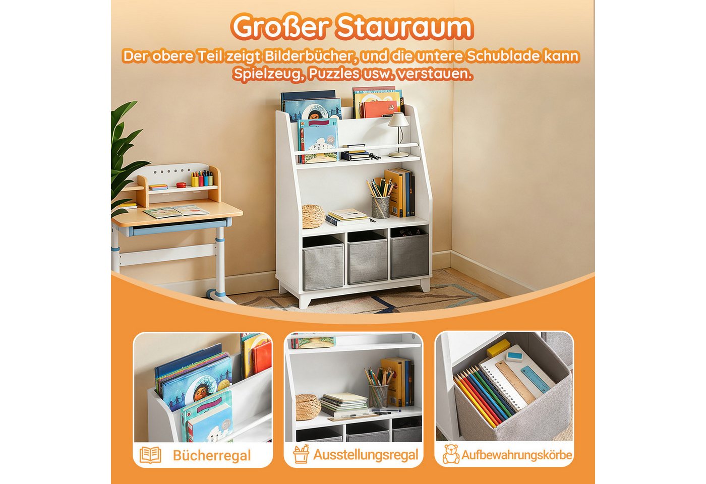 SoBuy Kinder Bücherregal Kinderregal mit Ablagen Aufbewahrungsregal Weiß KMB34-W Bild 2
