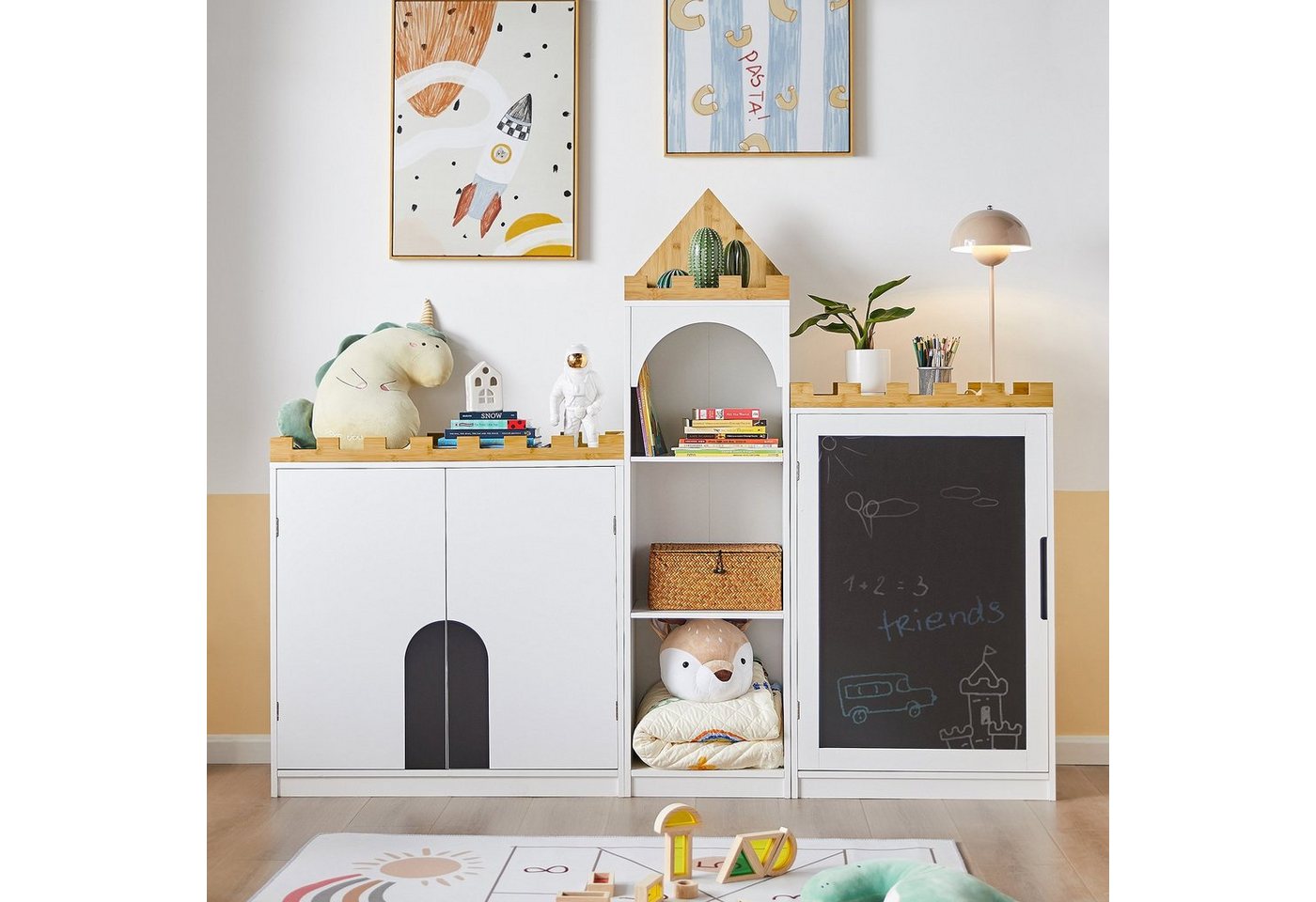 SoBuy Kinder Kommode Kinderregal mit Tafel Kinder Bücherregal Weiß KMB43-W