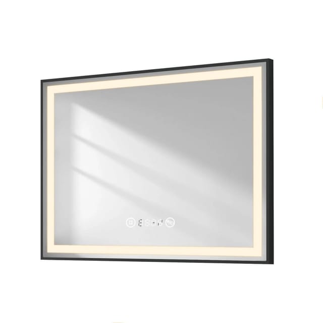 Emke Badspiegel mit Beleuchtung 80x60cm Schwarzer Rand Spiegel mit Touch Antibeschlag Uhr Temperatur Dimmbar