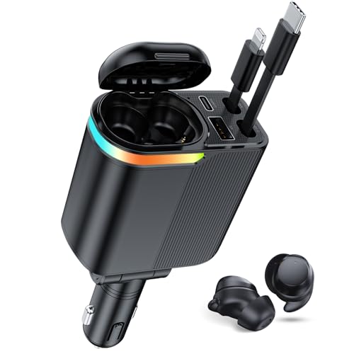 4-in-1 Usb-c-autoladegerät Mit Bluetooth-kopfhörern, 120-w-autoladegerät Mit Einziehbarem Stecker, Schnellladefunktion, Kompatibel Mit Iphone 16, 15, 14 Pro Max Und Android