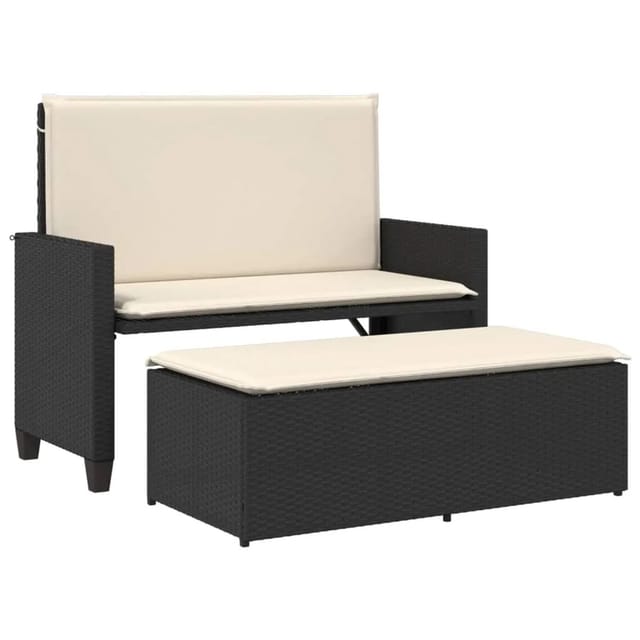 furnicato Gartenbank mit Kissen und Hocker Schwarz Poly Rattan