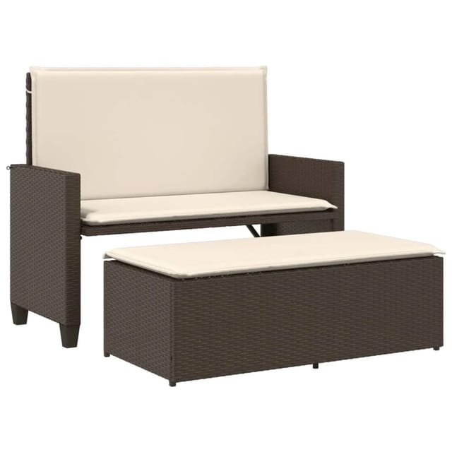 furnicato Gartenbank mit Kissen und Hocker Braun Poly Rattan
