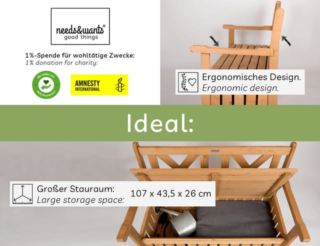 needs&wants Gartenbank Holz wetterfest mit Stauraum und Abdeckung 2 Sitzer Truhenbank Holzbank Klassisch Massivholz Dunkelbraun