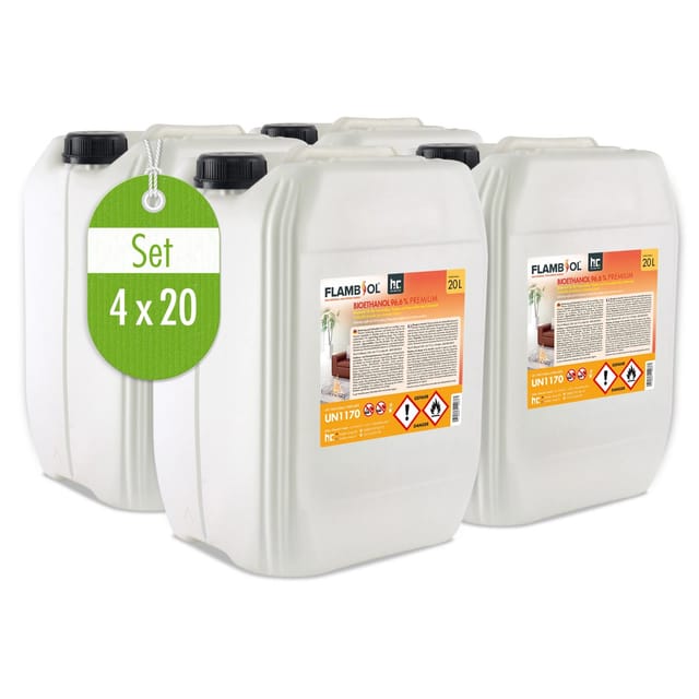 Flambiol Bioethanol 96,6% Premium für Ethanolkamin in Kanistern 4 x 20l
