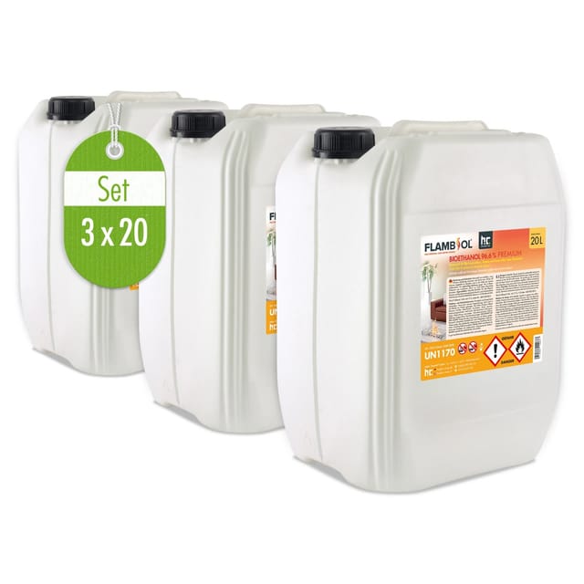 Flambiol Bioethanol 96,6% Premium für Ethanolkamin in Kanistern 3 x 20l