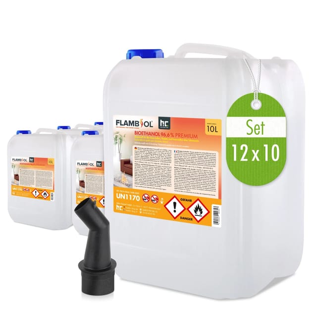 Flambiol Bioethanol 96,6% Premium für Ethanolkamin in Kanistern 12 x 10l