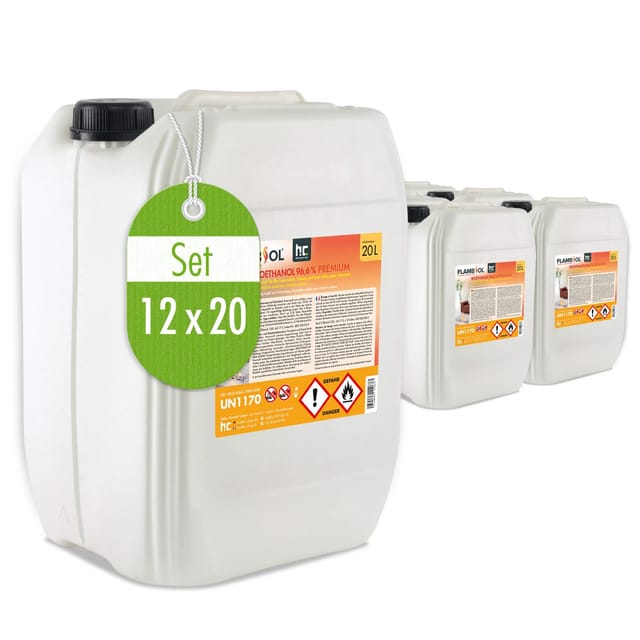 Flambiol Bioethanol 96,6% Premium für Ethanolkamin in Kanistern 12 x 20l
