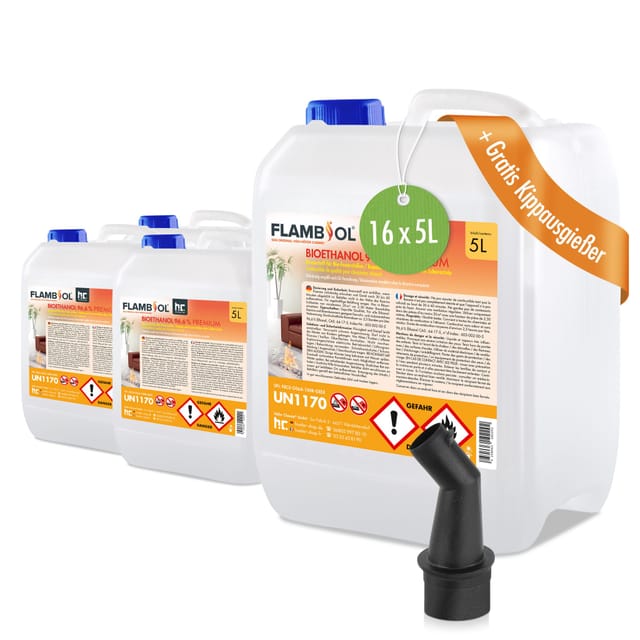 Flambiol Bioethanol 96,6% Premium für Ethanol-Brenner oder Kamine 16 x 5l