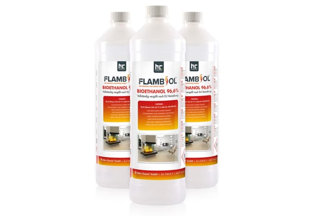 Flambiol Bioethanol 96,6% Premium für Ethanol-Tischkamin in Flaschen 3 x 1l