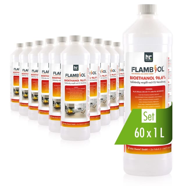 Flambiol Bioethanol 96,6% Premium für Ethanol-Tischkamin in Flaschen 60 x 1l