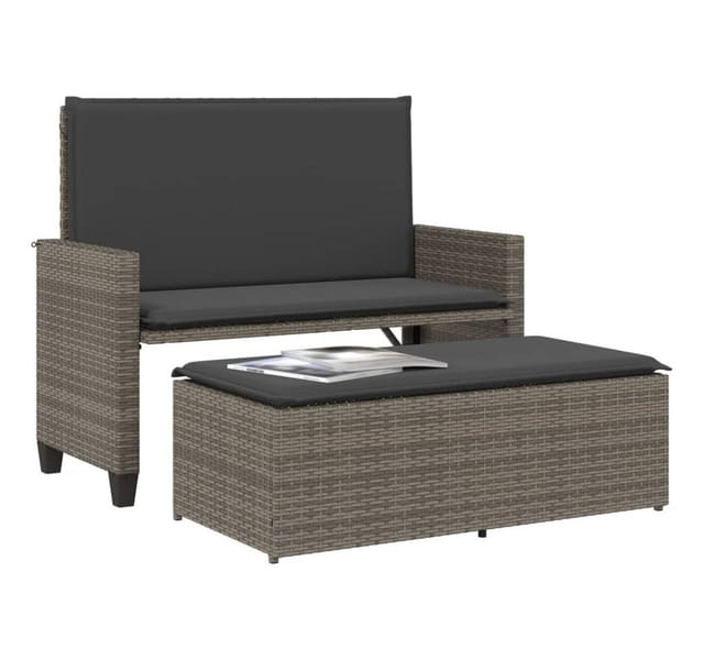 vidaXL Gartenbank mit Kissen und Hocker Grau Poly Rattan